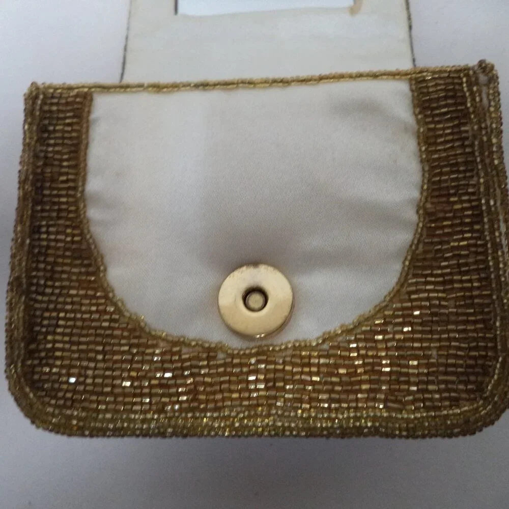 Vintage gold Beaded Box handbag purse small Beaded strap w/ Mirror Occasion
